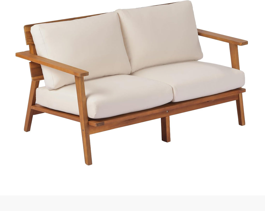 Christopher Knight Home Colmar 2 Pieces Conversation Set, Mid Century Patio Loveseat Sofa and Coffee Table, Outdoor Acacia Wood Loveseat and Table Set with Cushions in Slats Panels Design, Teak+ Beige