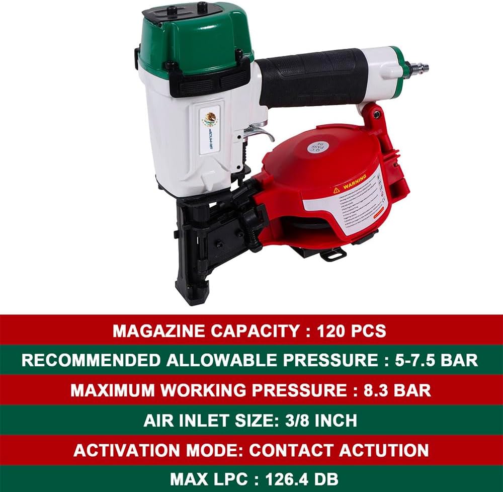 Mexican CN45N Roofing Nailer, 15 Degree Roofing Nail Gun, 3/4-Inch to 1-3/4-Inch Coil Nails, 120-pcs Load Capacity Coil Naile (Green/Red）