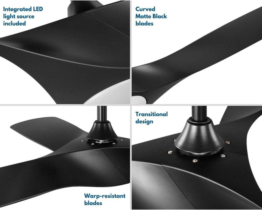 Ryne Collection 52-Inch 3-Blade Matte Black LED Transitional Indoor/Outdoor DC Ceiling Fan