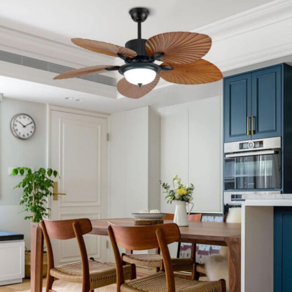 52' Retro Ceiling Fan Light, Leaf Blades Chandelier Indoor Lamp w/Remote Control Quiet, 5 ABS Palm Leaf Blades, 3 Speed & 3 Lighting Colors & Smart Timing, Home Indoor Bedroom Living Room