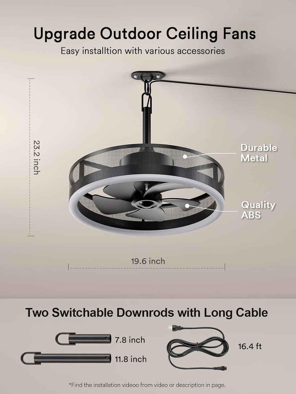 Lumary Smart Outdoor Ceiling Fans with RGBAICW Lights Pro, Wi-Fi Bluetooth Connect, 40+ Scene, Work with Alexa Google, Waterproof Plug in Caged Fan with Hook/Remote/APP Control for Patios Gazebo, 20in