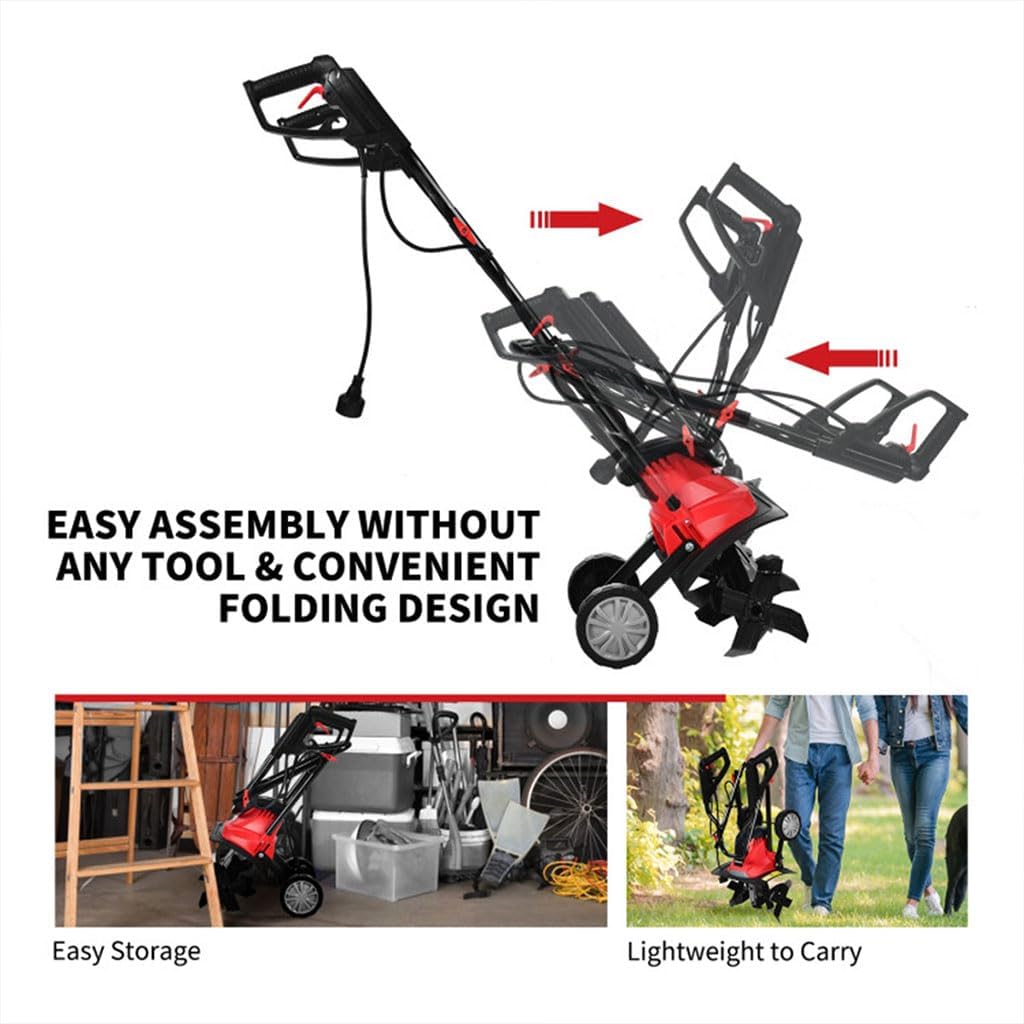 14' Electric Tiller Corded, 10 Amp Foldable Electric Rototiller with Adjustable Wheels Electric Garden Rototiller, for Gardening,Dynamical Brushless Motor Enable Smooth Workflow