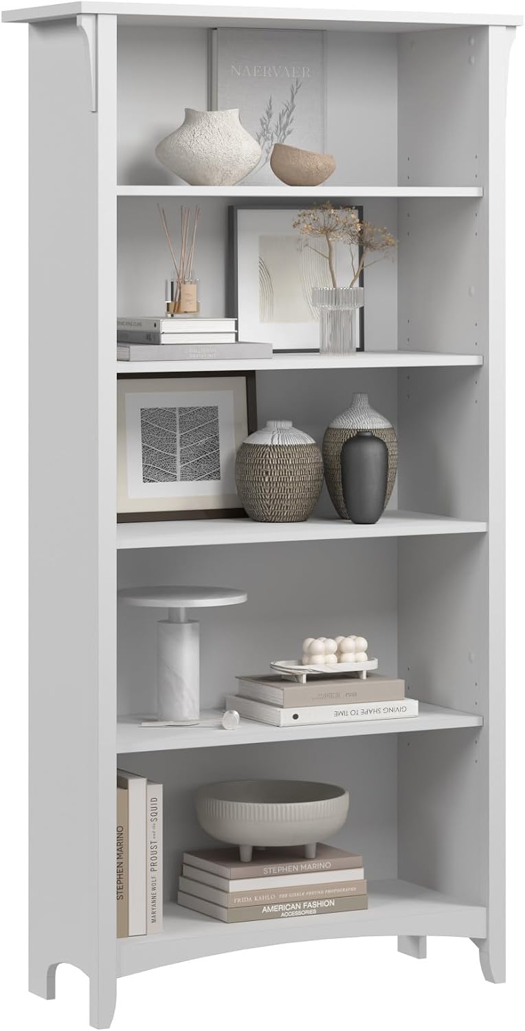 Bush Furniture Salinas 5 Shelf Bookcase in Pure White, Tall Bookshelf, Large Book Shelf for Living Room, Home Office, or Entryway