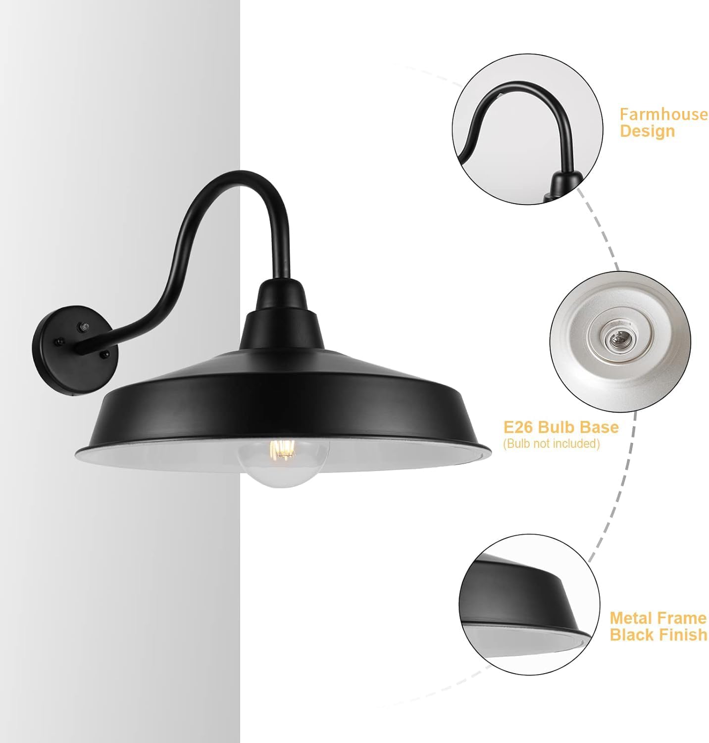 Dusk to Dawn Barn Light Outdoor, 16 Inch Dome Large Farmhouse Exterior Light Fixture Wall Mount, Industrial Outdoor Wall Sconce Outside for House, Shop, Porch, Garage, Black, 2 Pack