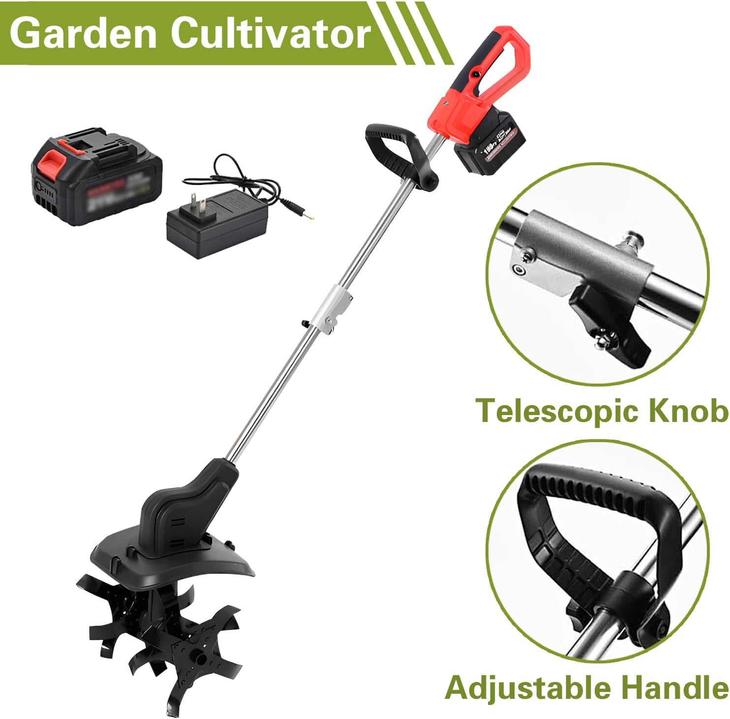 Cordless Tiller Cultivator, Electric Rototiller, Portable Garden Cultivator, 21v Battery Powered Rotary Tilling Tool, with 4/6Ah Batteries & Charger, for Lawn, Farm, Gardening,4Ah