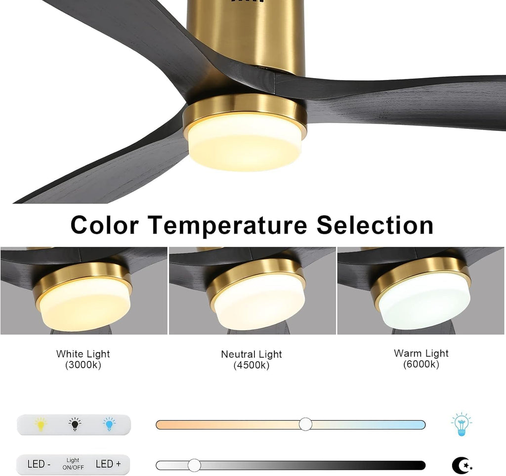 Sofucor 52 Inch Low Profile Ceiling Fan with Light, Solid Wood 3 Blades with Remote Outdoor Ceiling Fan with Light, Dimmable Light, 6-Speed, Timer, Reversible DC Motor for Living Room Bedroom