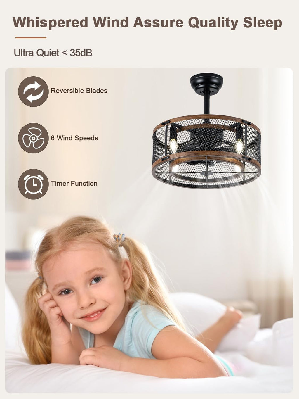 20 Inch Black Farmhouse Caged Ceiling Fan with Light and Remote Control, Retro Industrial Enclosed Rustic Ceiling Fan for Bedroom Living Room