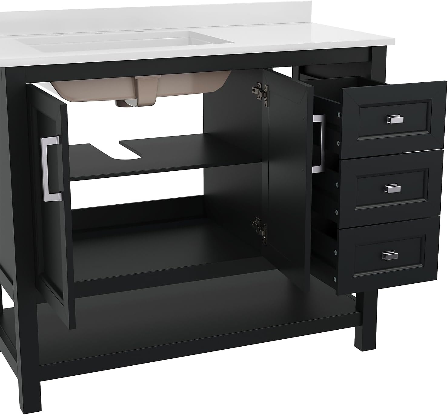 Flash Furniture Vega 42 Inch Bathroom Vanity with Sink, Storage Cabinet with Soft Close Doors, Open Shelf and 3 Drawers, Carrara Marble Finish Countertop, Black