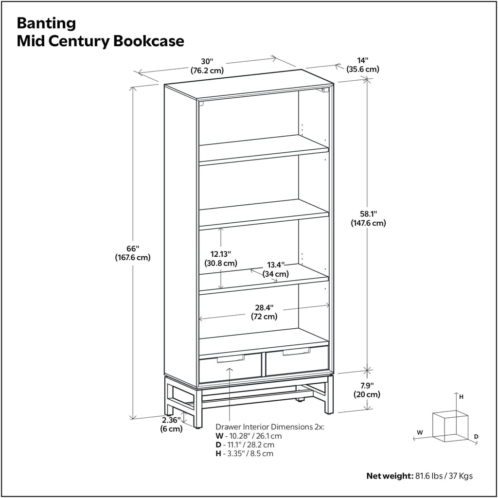 SIMPLIHOME Banting Desk and Bookcase Bundle - 72 inch Wide Solid Wood Desk with Drawers and 30 inch Wide 4-Shelf Bookcase in Oak, Modern Industrial Home Office Furniture (Set of 2)