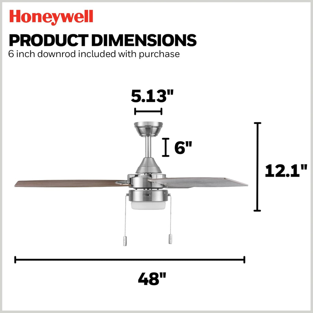 Honeywell Ceiling Fans Berryhill, 48 Inch Ceiling Fan with Color Changing LED Light, Pull Chain, Dual Mounting Options, 3 Dual Finish Blades, Reversible Airflow - 51857-01 (Brushed Nickel)