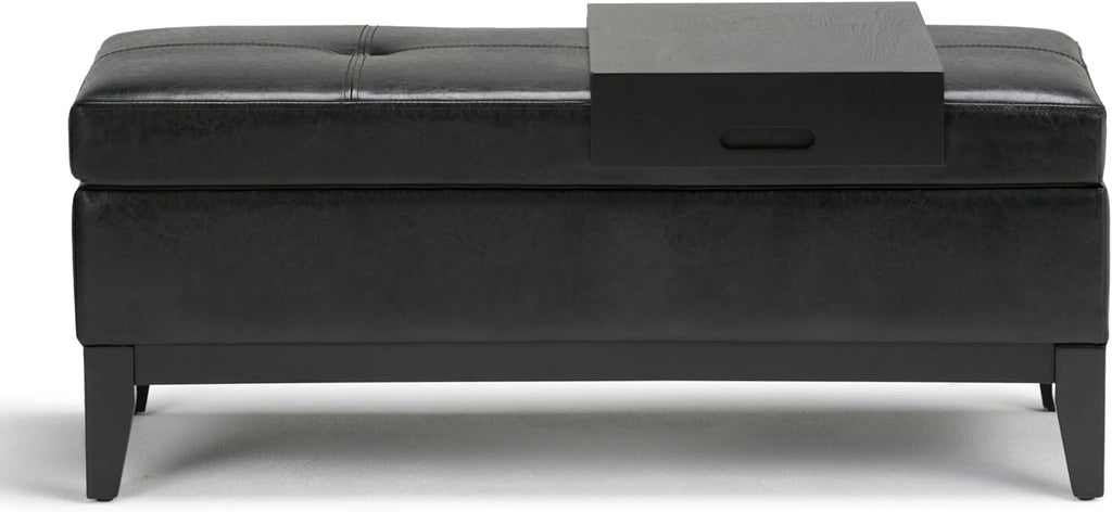 SIMPLIHOME Oregon Storage Ottoman Bench with Tray - 42 inch Wide Upholstered Vegan Leather Rectangle Ottoman Bench in Midnight Black, Transitional Tufted Ottoman for Living Room with Lift-Up Lid