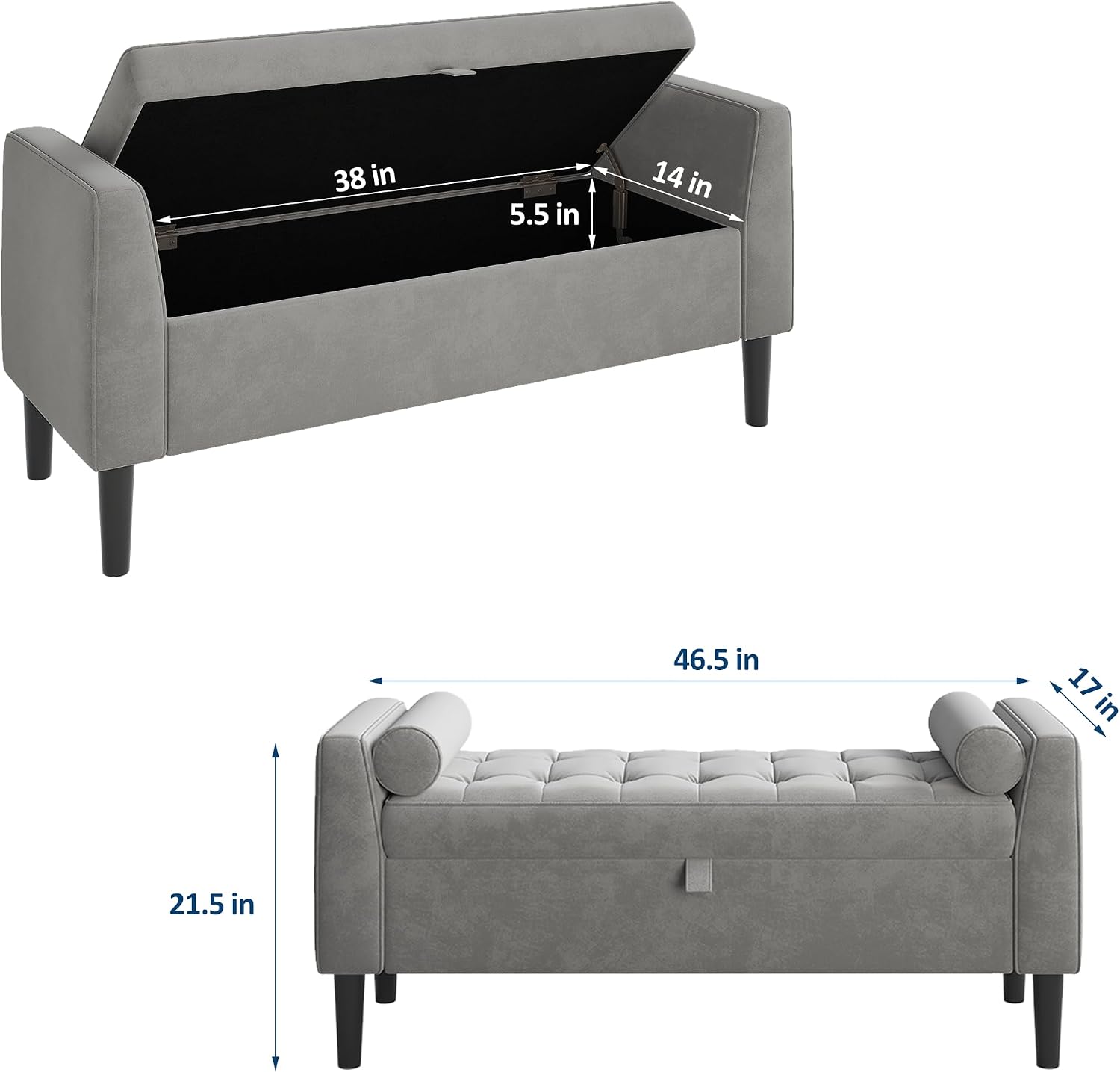 46.5 in Storage Ottoman Bench – Upholstered End-of-Bed Storage Chest with Rolled Armrests & Wood Legs, Entryway Shoe Bench and Footrest Seat for Hallway, Bedroom & Living Room& Walk-in Closet (Gray)