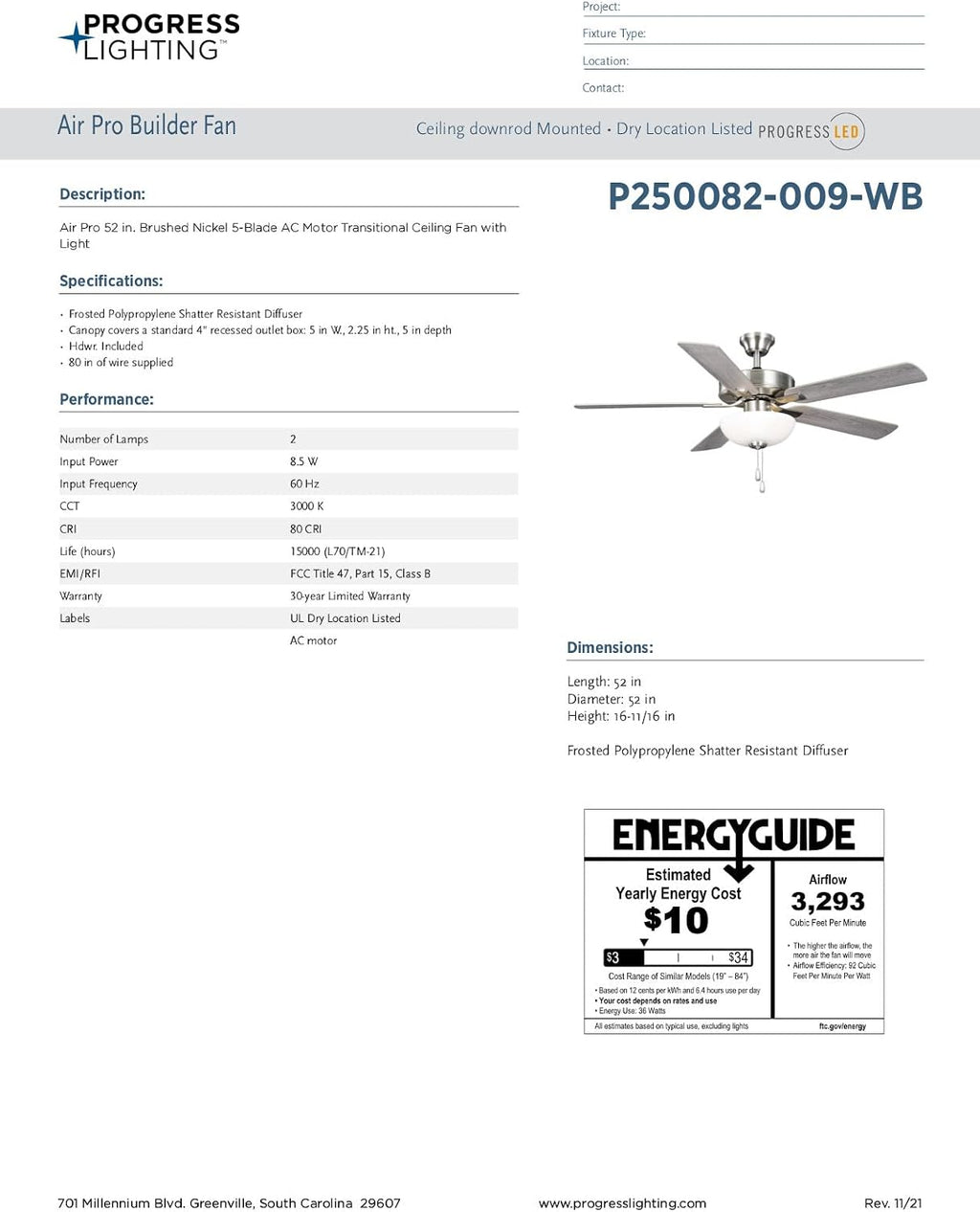 Progress Lighting AirPro 52 in. Brushed Nickel 5-Blade AC Motor Transitional Ceiling Fan with Light