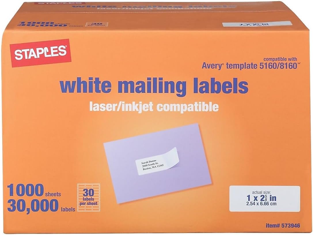 Staples Laser & Inkjet Address Labels, 1' x 2‑5/8', White, 30 Labels per Sheet, Printable Mailing Labels for Home & Office