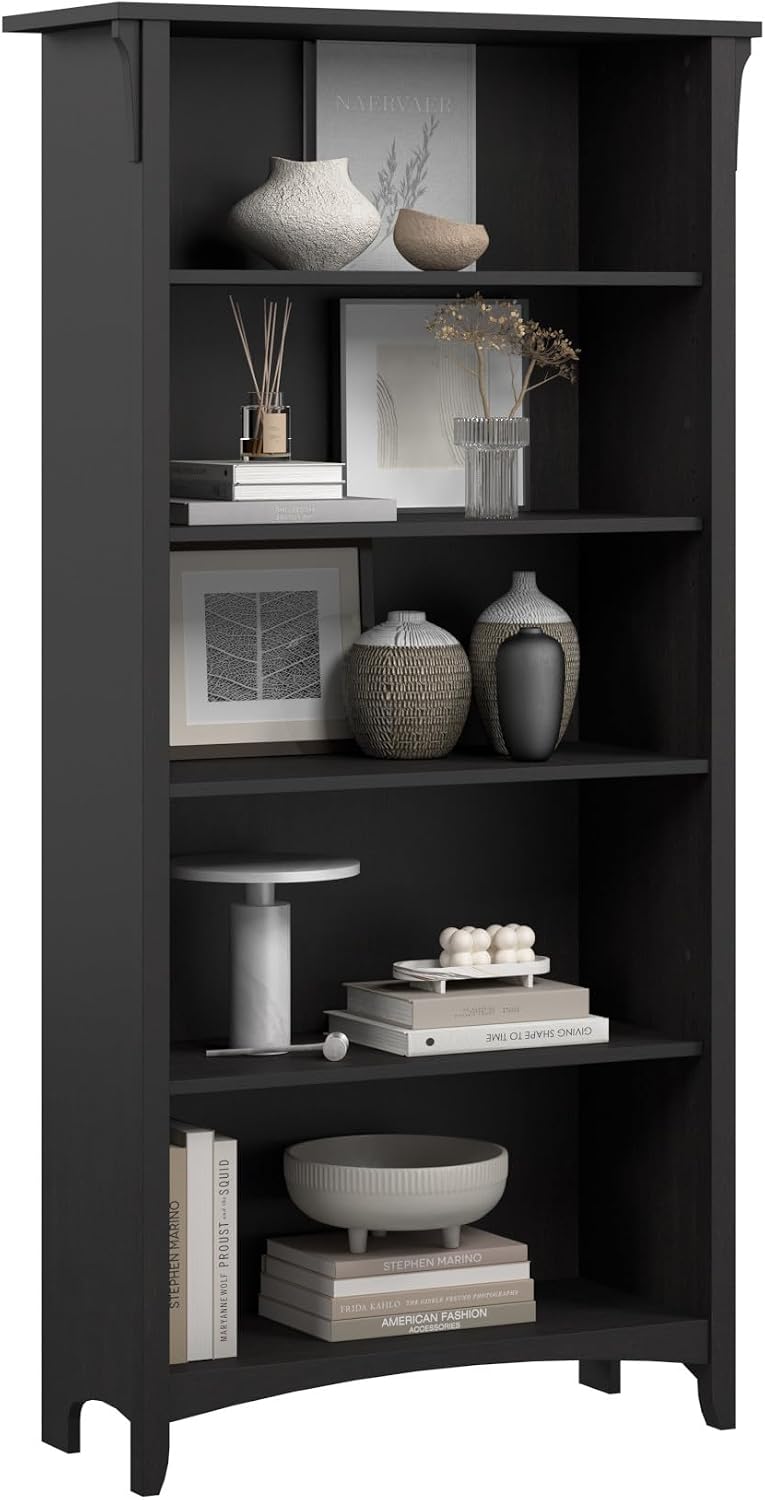 Bush Home Salinas 5 Shelf Bookcase in Vintage Black, Tall Bookshelf, Large Book Shelf for Living Room, Home Office, or Entryway