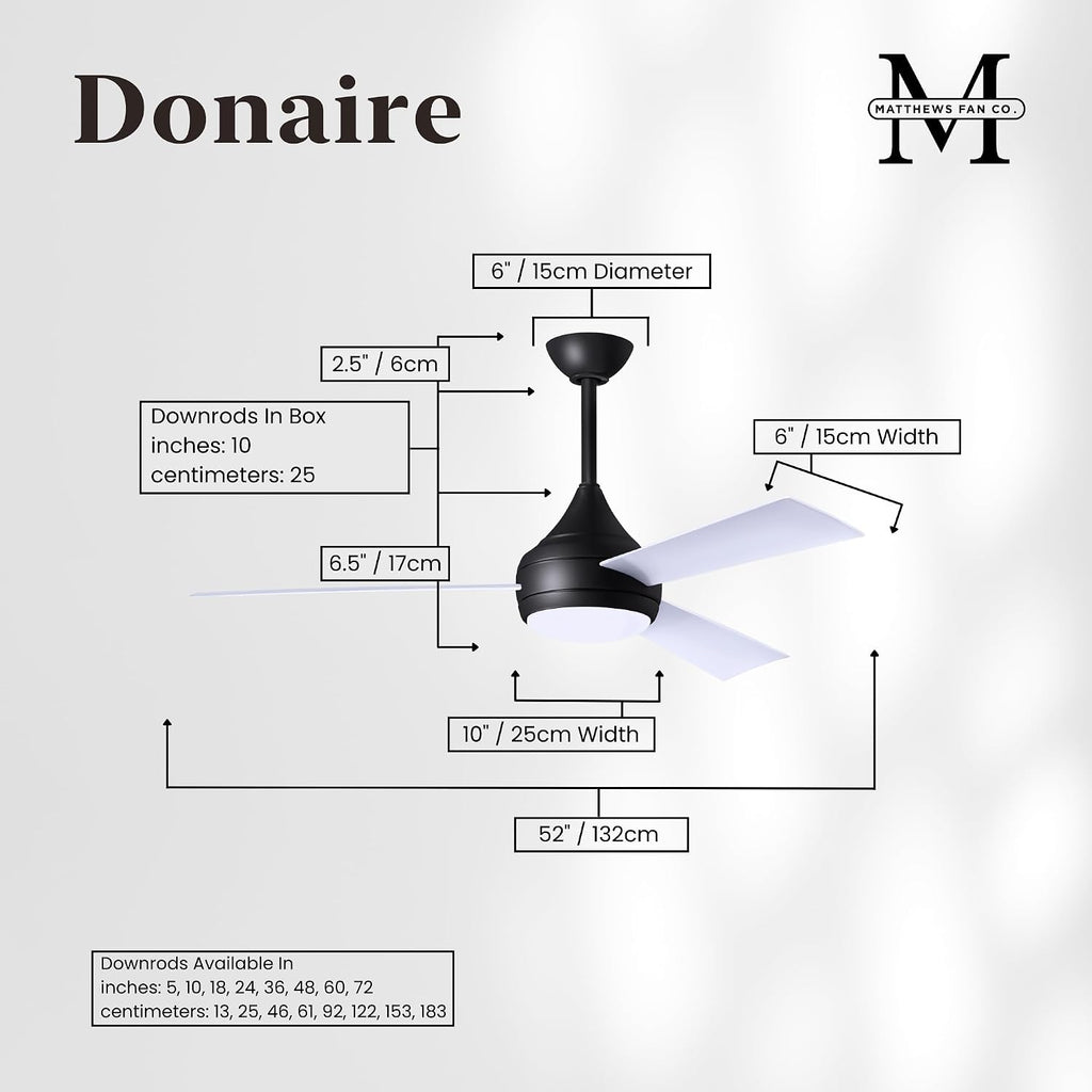 Matthews DA-BK-WH Donaire Outdoor Wet/Salt Water Rated 52' Marine-Grade Coastal Ceiling Fan with LED Light & Remote, Matte Black with Gloss White