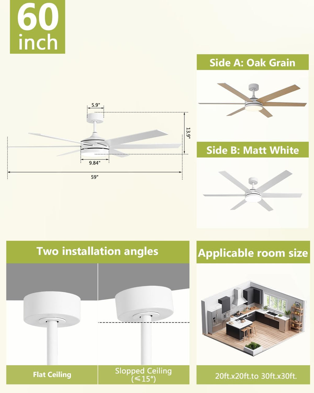 60 Inch Ceiling Fans with Lights and Remote, Indoor Outdoor Modern White Ceiling Fan with Light, Reversible DC Motor Dual-Sided Blades, 3CCT, Large Farmhouse Ceiling Fan for Living Room Bedroom