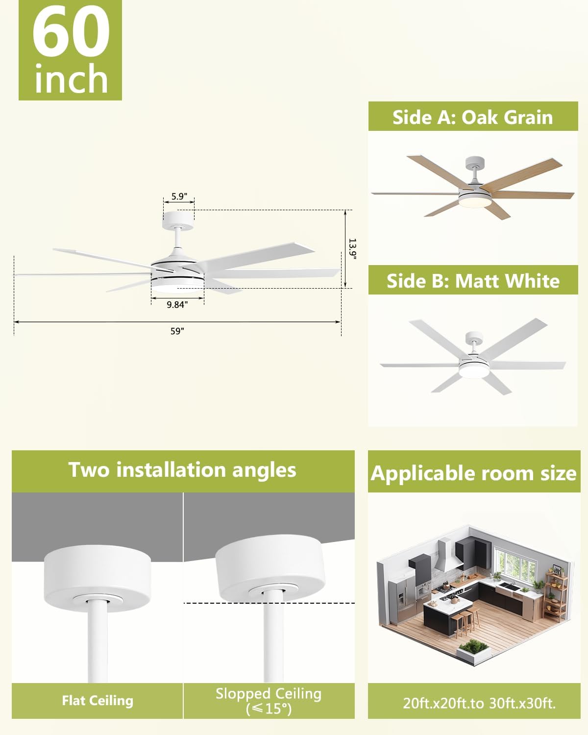 60 Inch Ceiling Fans with Lights and Remote, Indoor Outdoor Modern White Ceiling Fan with Light, Reversible DC Motor Dual-Sided Blades, 3CCT, Large Farmhouse Ceiling Fan for Living Room Bedroom