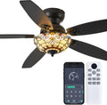 Tiffany Ceiling Fans with Lights - 52' Ceiling Fan Chandelier with 5 Dual-Blades and Glass Shade, 6 Speeds and Reversible, Indoor and Outdoor, Retro Style