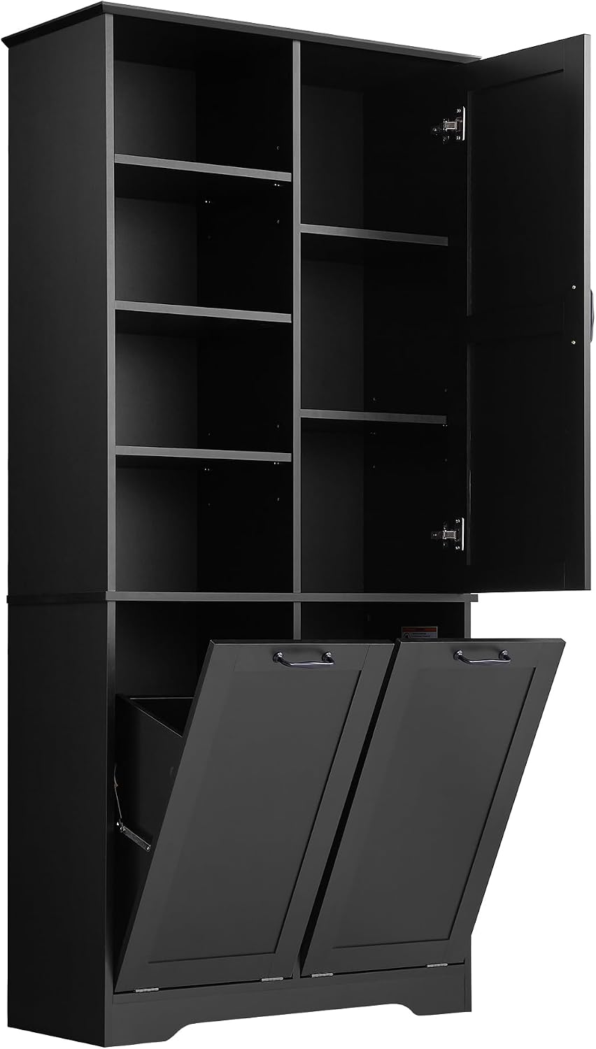Merax Cabinet with Tilt-Out Laundry Hamper Basket, Tall Bathroom Storage Organizer Linen with Open Shelf for Home, Freestanding, Black