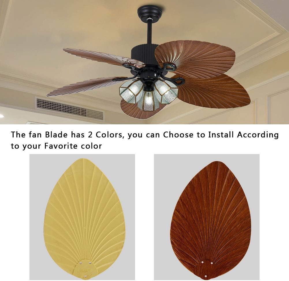 Tropical Ceiling Fan Outdoor Downrod Ceiling Fan with Sunset Bowl Light, Five Hand Carved Wooden Leaf Blades for Dining Bed Room Patio Porch (52Inch, 3Light)