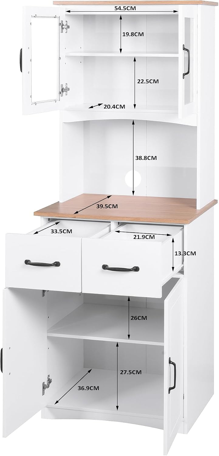 GDFStudio Wooden Kitchen Pantry Cupboard with Framed Glass Doors & Drawer, Freestanding Storage Cabinet Hutch, Kitchen Living Room Rectangle Storage Cabinet, Home Organization Cupboard, White
