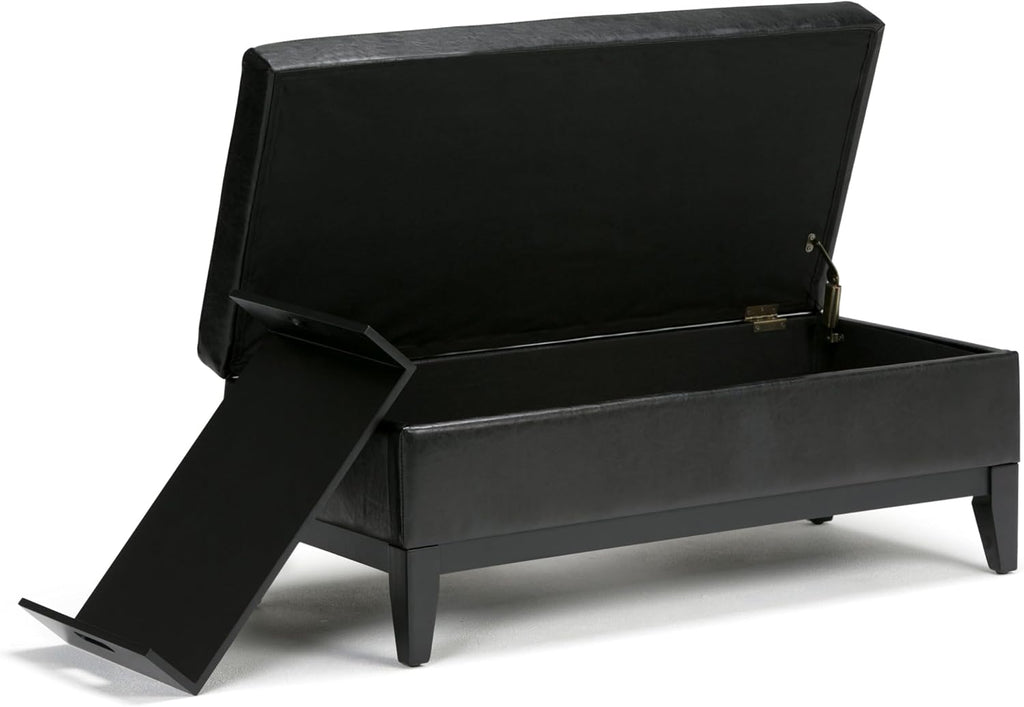 SIMPLIHOME Oregon Storage Ottoman Bench with Tray - 42 inch Wide Upholstered Vegan Leather Rectangle Ottoman Bench in Midnight Black, Transitional Tufted Ottoman for Living Room with Lift-Up Lid