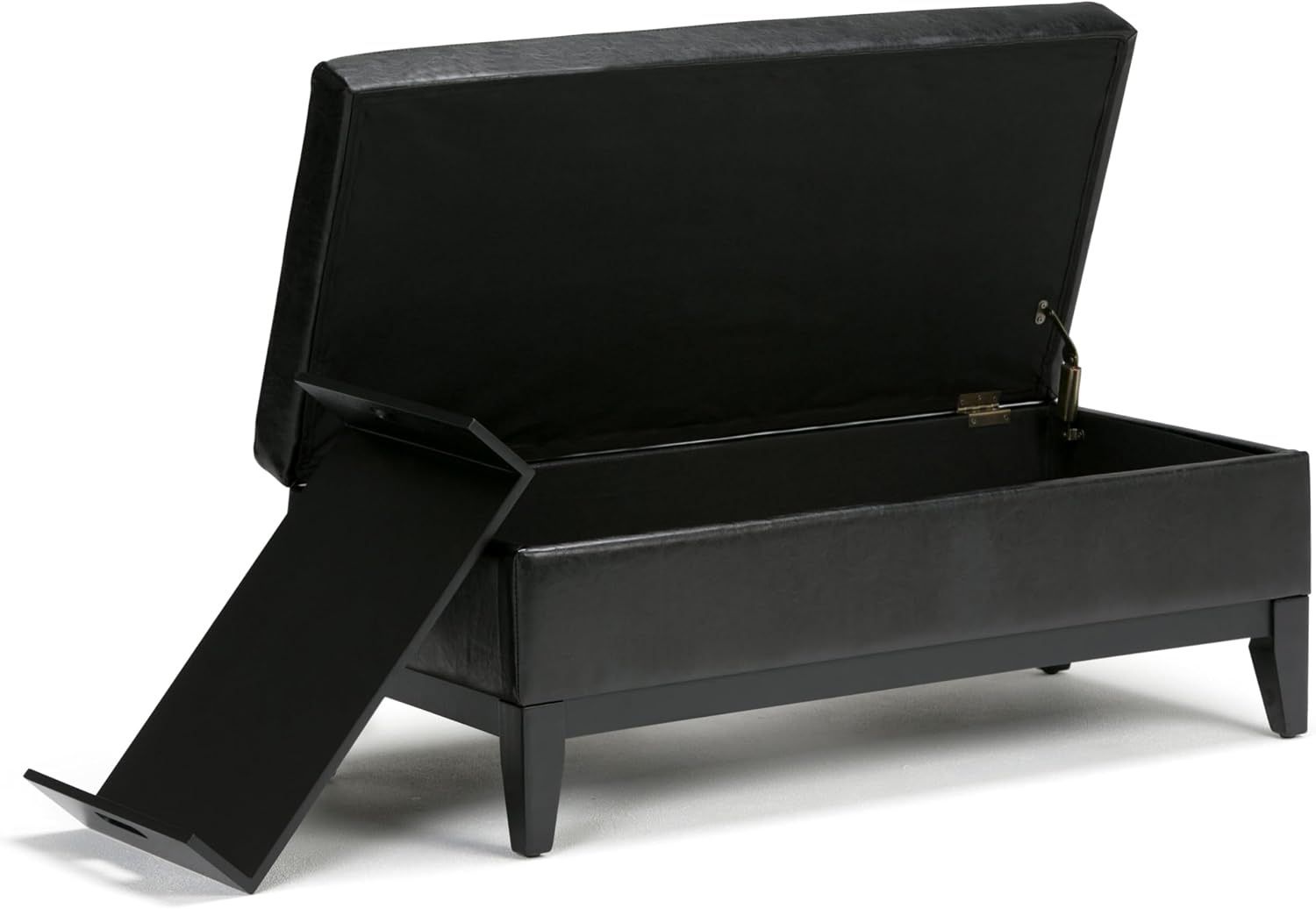 SIMPLIHOME Oregon Storage Ottoman Bench with Tray - 42 inch Wide Upholstered Vegan Leather Rectangle Ottoman Bench in Midnight Black, Transitional Tufted Ottoman for Living Room with Lift-Up Lid