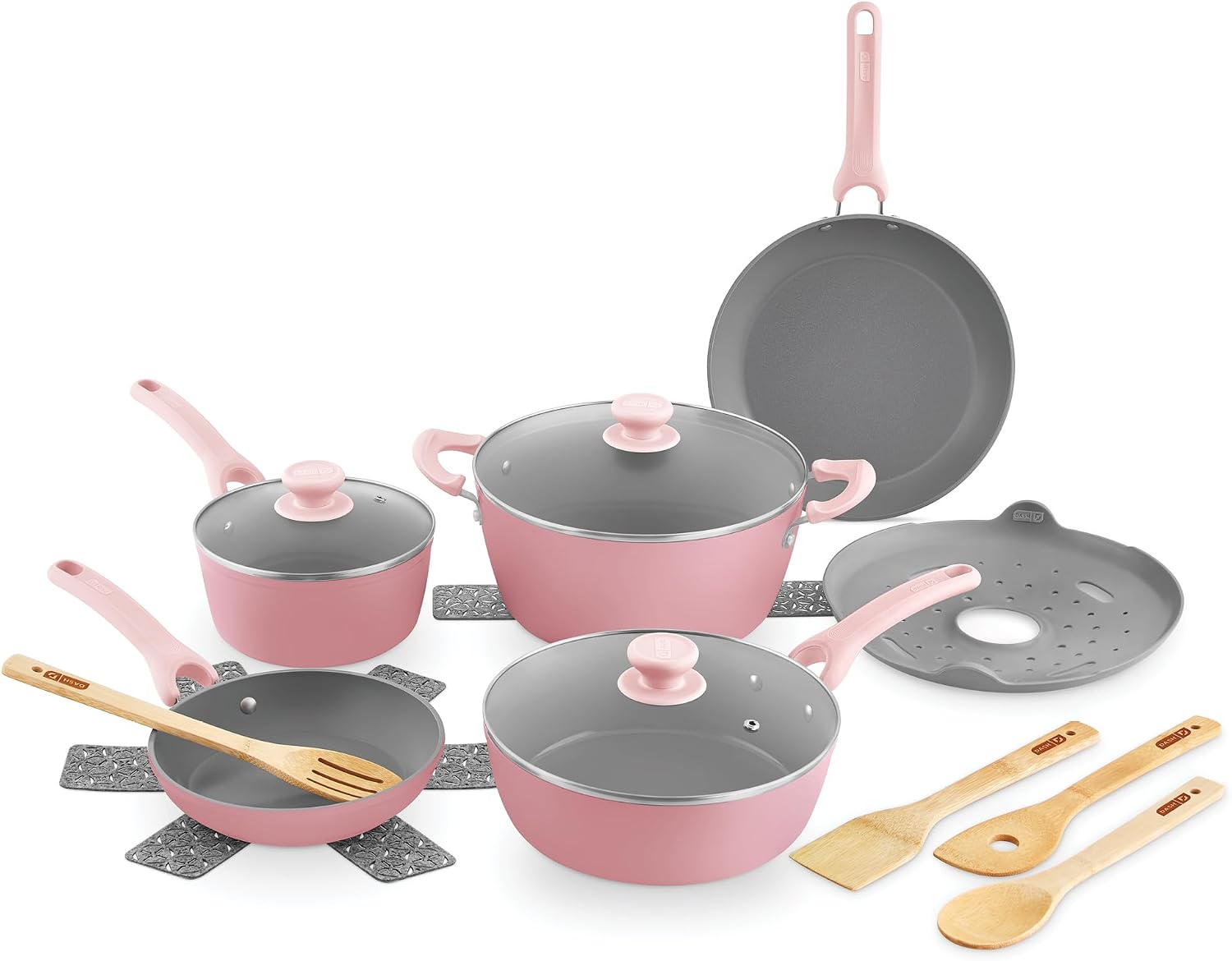 Dash Dream Green Recycled Aluminum Cookware Set - Ceramic Cookware Set - CleanCoating™ Nonstick Coating - Induction Compatible and Oven Safe - Pink, 15-Piece Set