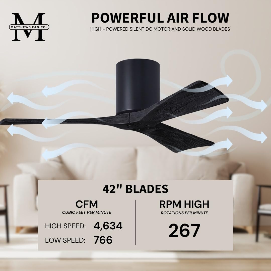 Matthews IR3H-BK-BK-42 Irene Damp Rated Flush Mount 42' Ceiling Fan with Remote & Wall Control, Silent DC Motor, 3 Solid Wood Blades, Matte Black