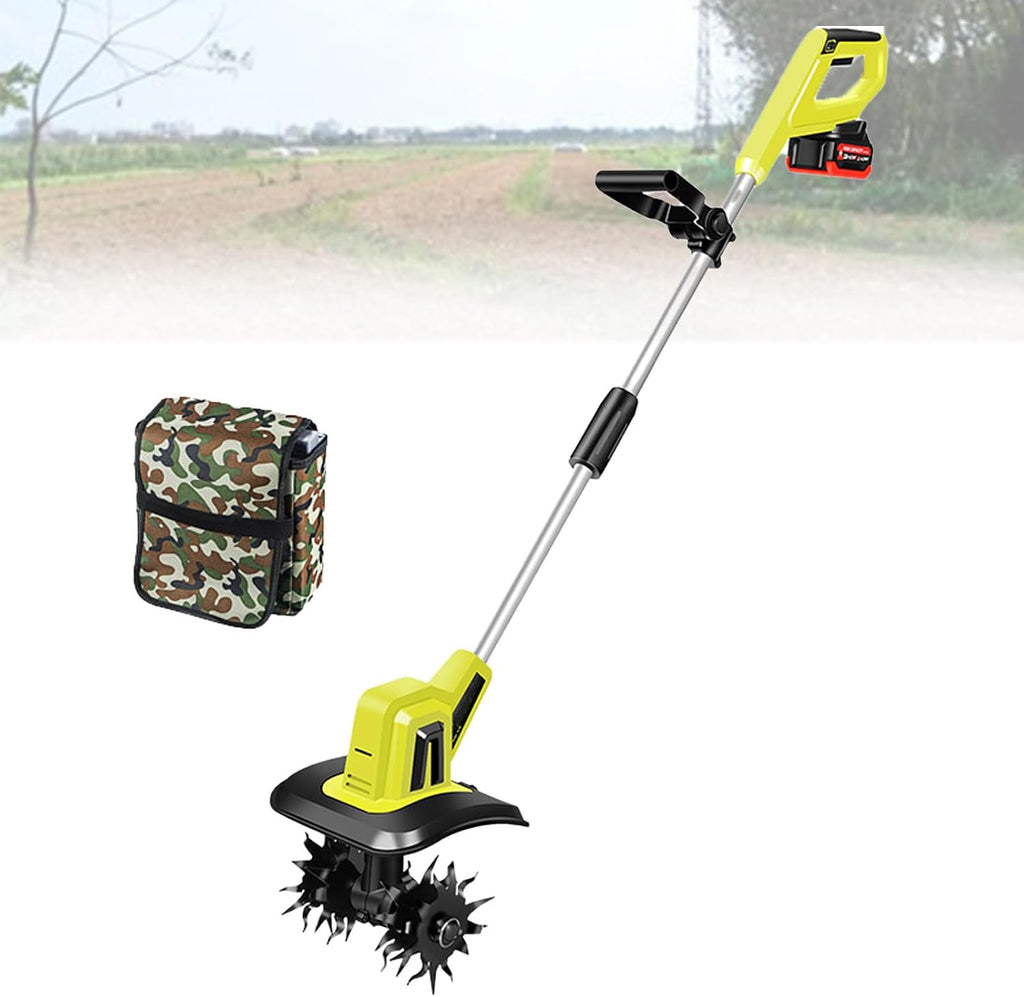 Electric Tiller, Cordless Electric Garden Rotavator - 25cm Working Width, 22cm Working Depth, 20V Soil Cultivator - Tiller with Safety Switch BackpackBattery