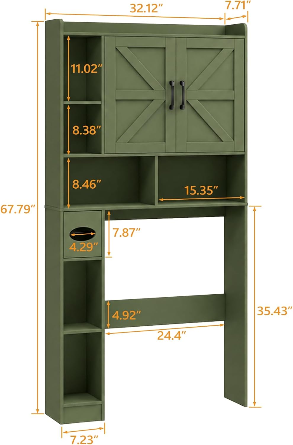 Vabches Over The Toilet Storage Cabinet, Farmhouse Storage Cabinet Over Toilet with 2 Barn Doors & Toilet Paper Holder Stand，Home Space-Saving Toilet Rack, for Bathroom, Restroom, Laundry. Green
