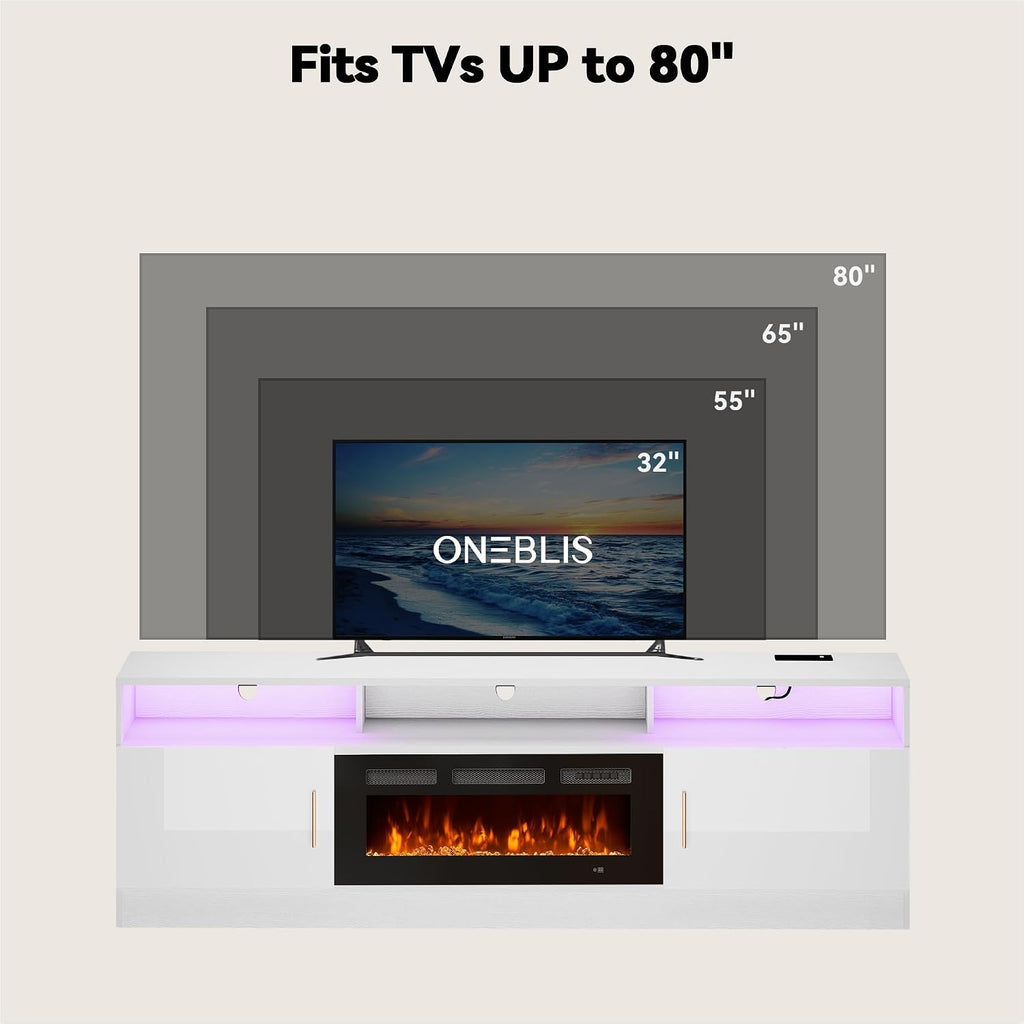 70' Fireplace TV Stand with Power Outlet, Electric Fireplace Entertainment Center with Storage Cabinets, Fits TVs up to 80', TV Console with LED Lights for Living Room, Office, White-Black