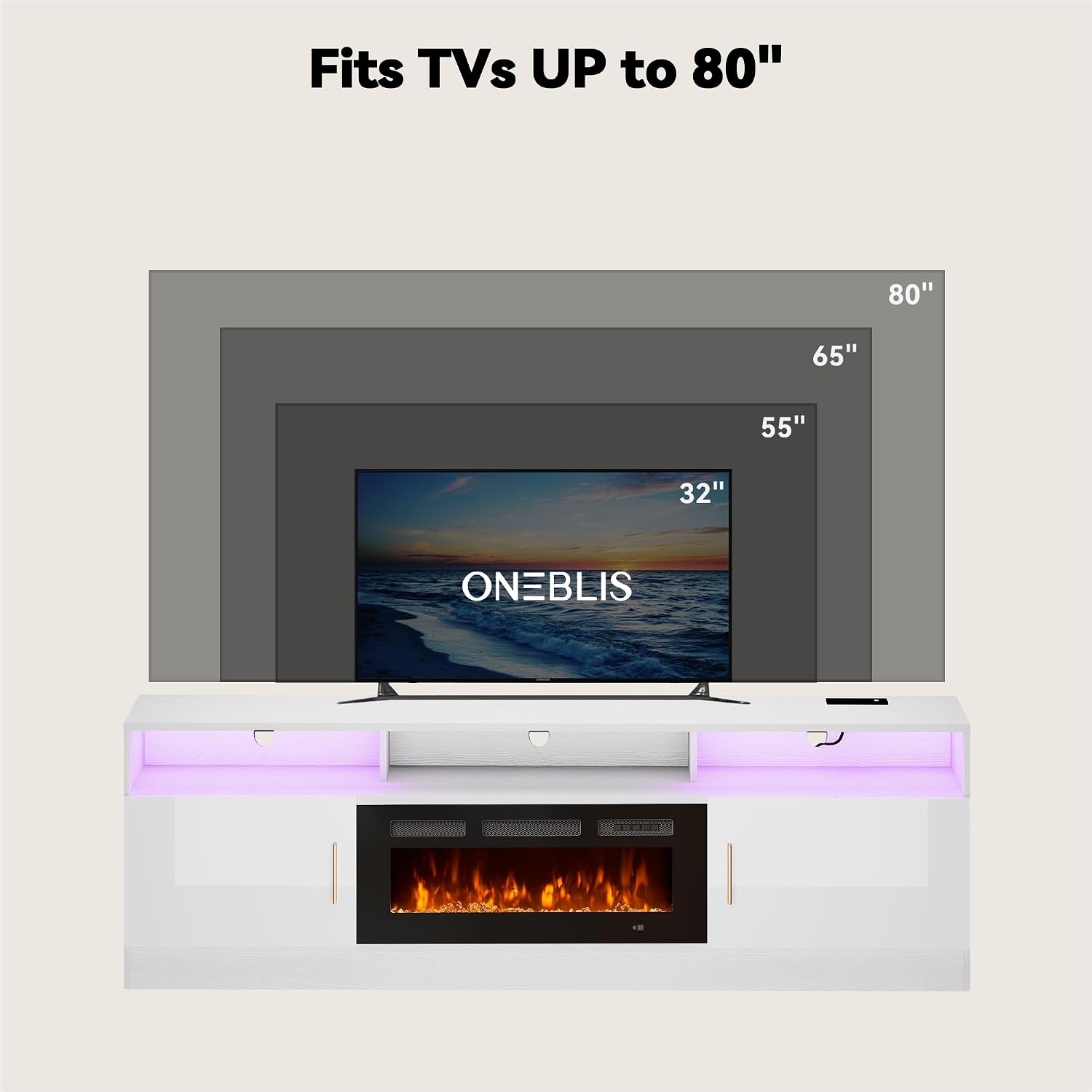 70' Fireplace TV Stand with Power Outlet, Electric Fireplace Entertainment Center with Storage Cabinets, Fits TVs up to 80', TV Console with LED Lights for Living Room, Office, White-Black