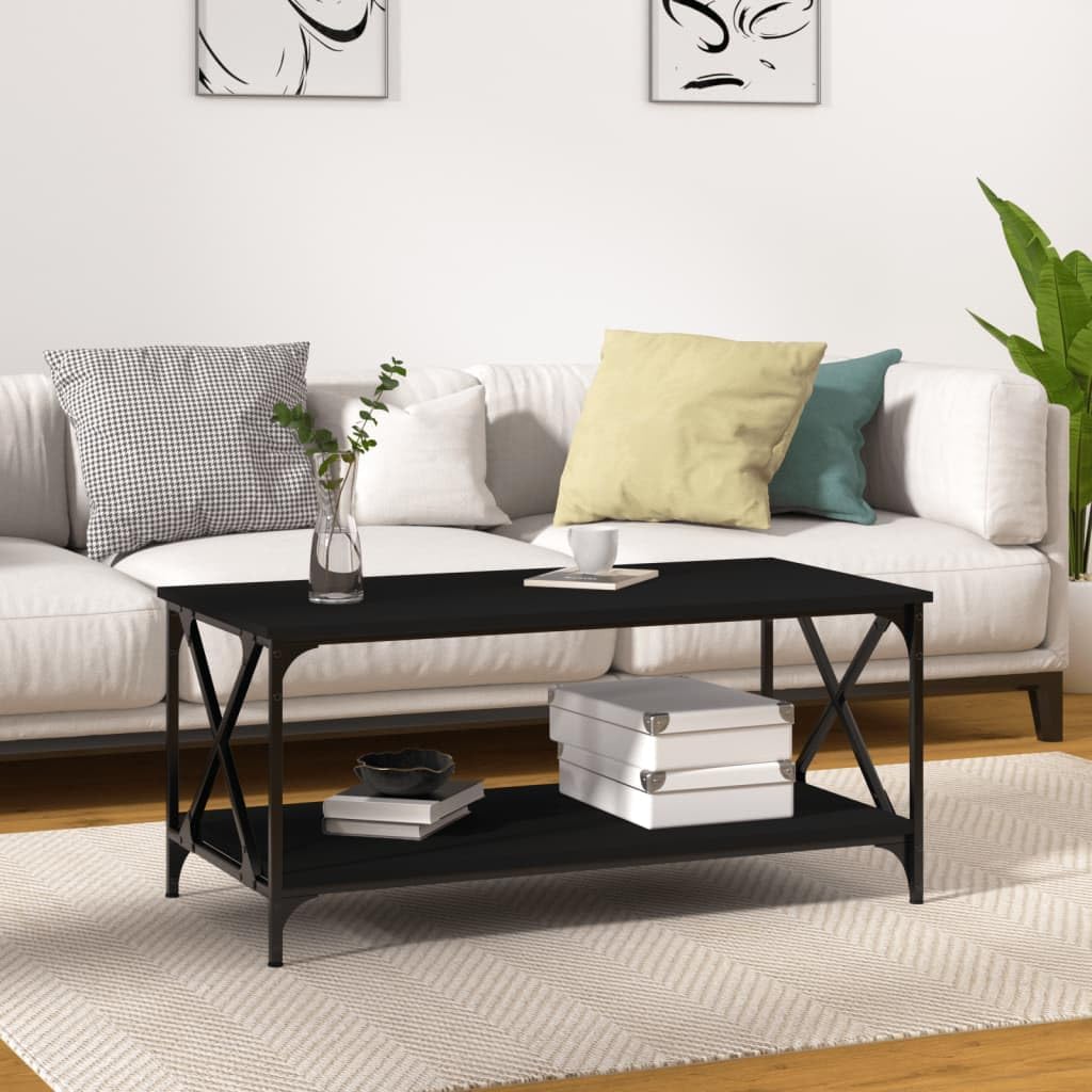 Coffee Table with Storage Shelf, 2-Tier Coffee Table for Home Office, Black 39.4'x19.7'x17.7' Engineered Wood and Iron,-991