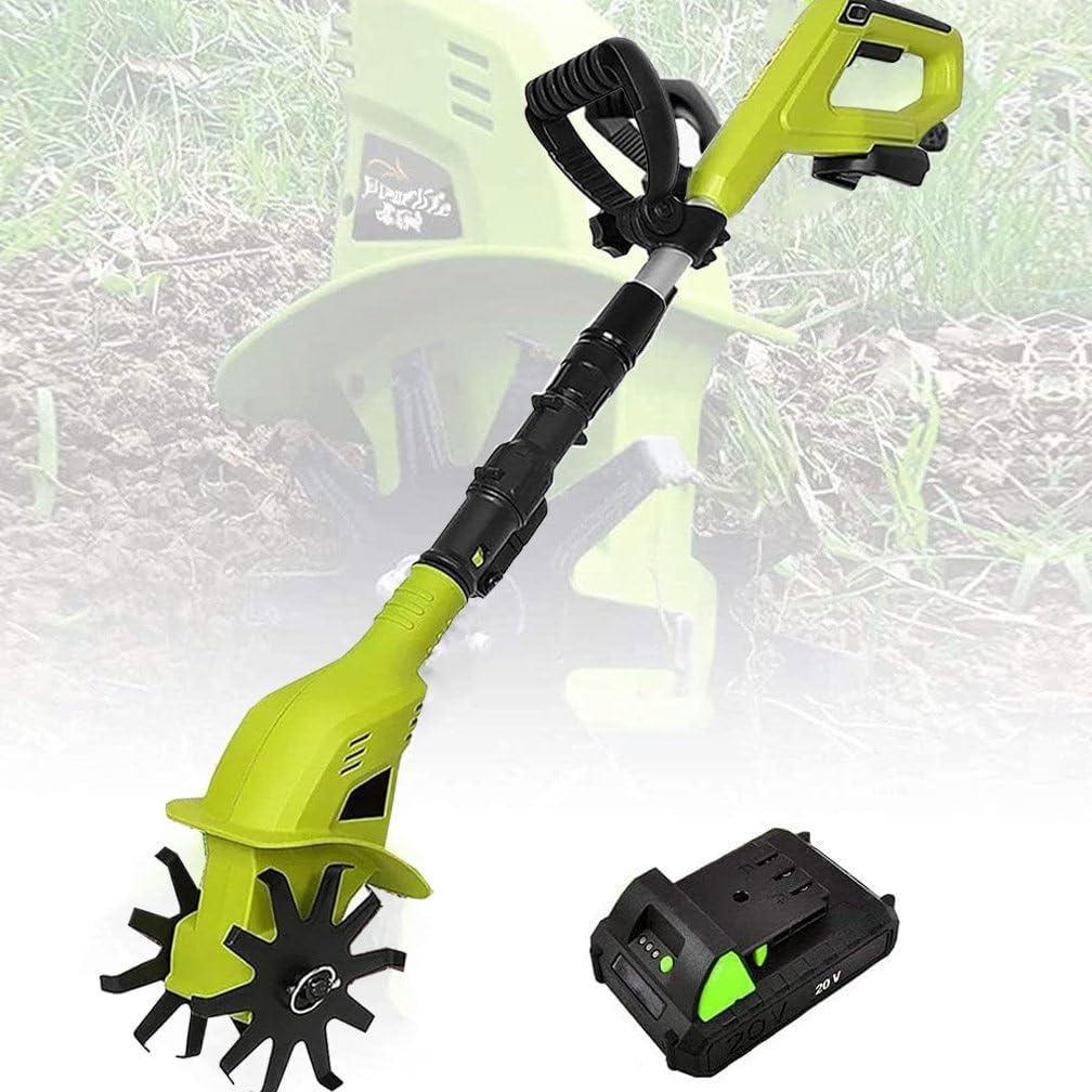 20V Cordless Tiller Cultivator with Steel Tines, Handheld Electric Rototiller, 9.84In Depth Garden Rototiller for Lawn/Gardening/Soil Cultivation(Battery and Charger Included),1battery