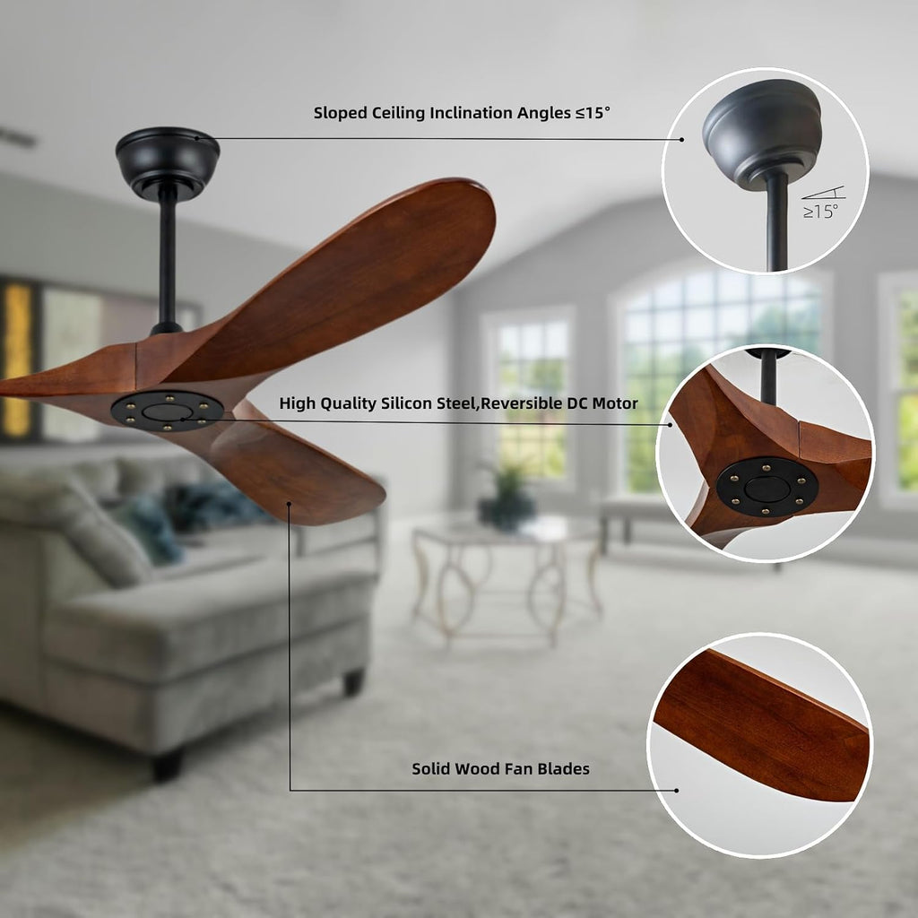 52 Inch Solid Wood Ceiling Fan, 3 Blades, Reversible DC Motor, Ultra Silent Dark Walnut Lampless Ceiling Fan for Living Room, Bedroom, Dining Area, Outdoor Patio(Dark Walnut, 52 inch)