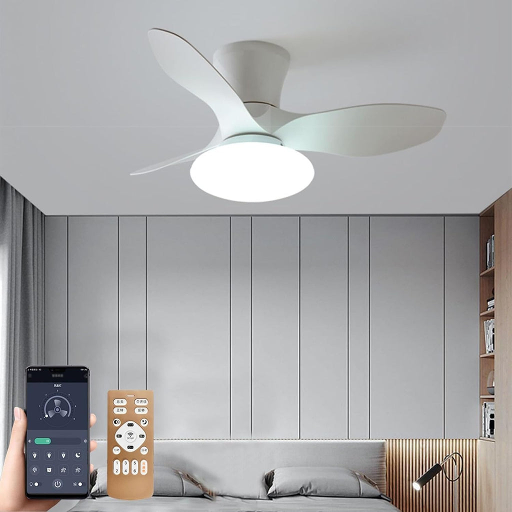 Ceiling Fans Lights with APP & Remote Control, Ceiling Fans with Lights and Remote, Modern Reversible Small Flush Mount Ceiling Fan 3 Colors Quiet 6 Speeds Ceiling Fan, for Bedroom/Patio(White)