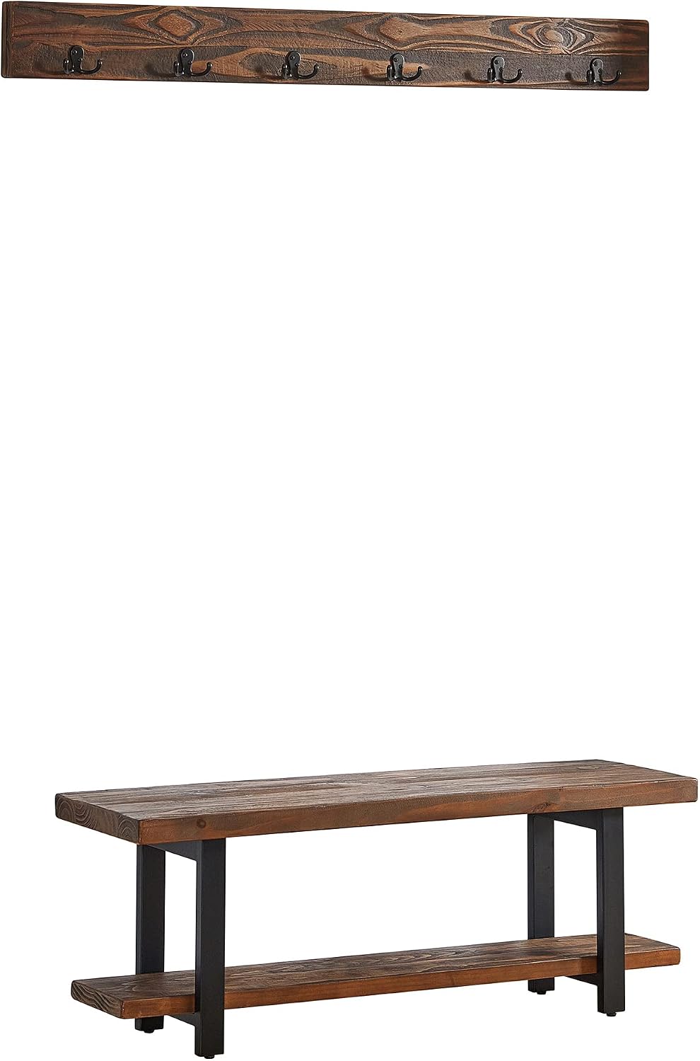 Alaterre Furniture Pomona Entryway Bench and Coat Hook Set – Modern Rustic 48-Inch Solid Wood Bench & Wall Mounted Coat Hook Set for Jackets, Bags & Shoes in Mudroom or Hallway (Rustic Brown)