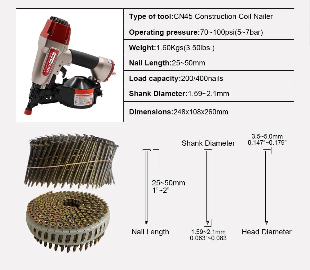 CN45 Pneumatic Framing Nail Gun,15 Degree 3/4' to 1-3/4' Coil Siding Nailer Pneumatic Roof Nail Gun for Siding Sheathing Wooding Fencing Decking