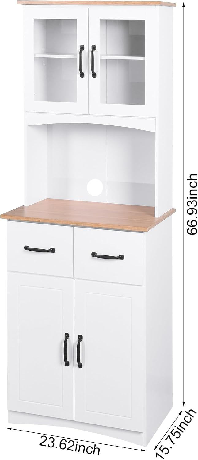 GDFStudio Wooden Kitchen Pantry Cupboard with Framed Glass Doors & Drawer, Freestanding Storage Cabinet Hutch, Kitchen Living Room Rectangle Storage Cabinet, Home Organization Cupboard, White