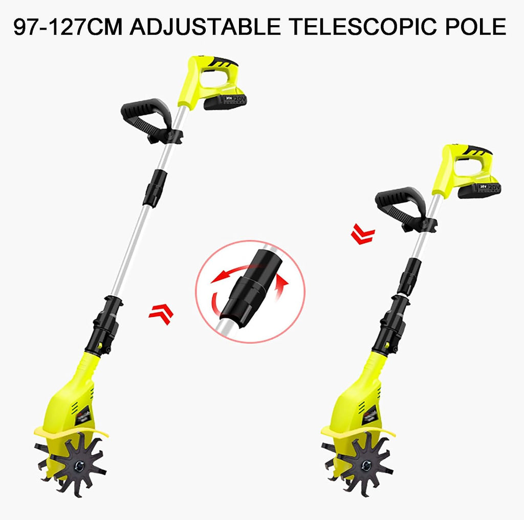 20V Electric Garden Rotavator, Cordless Tiller Cultivator, Ploughing Width 25cm, Depth 10cm, 97 127cm Telescopic Pole, The Whole Machine Weighs Only 2.7kg, 2 X 2000mAh Battery, for Soil Cultivation