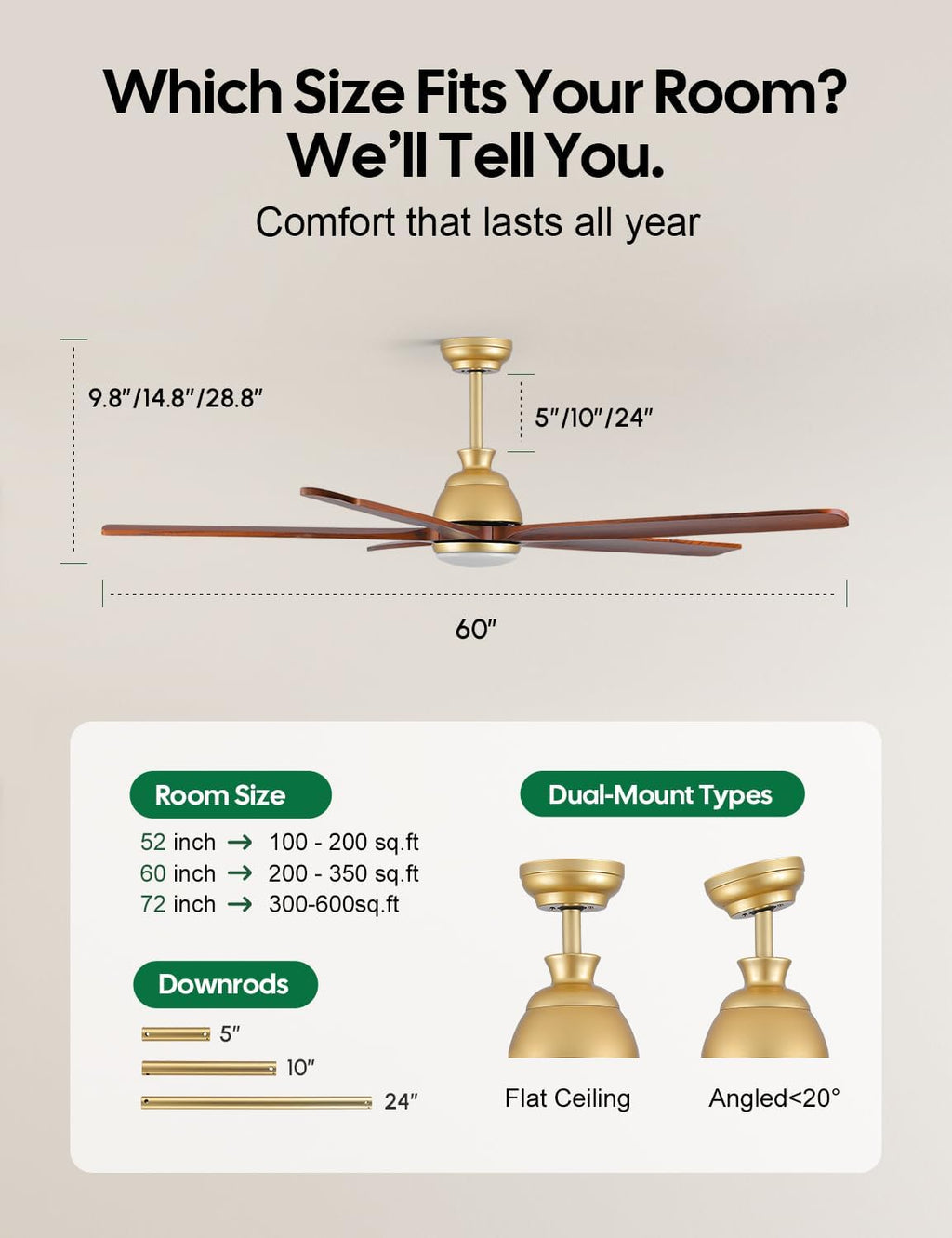 60 Inch Outdoor Ceiling Fan with Lights, Gold Brass Finish, 5 Solid Walnut Wood Blades, High CFM Quiet DC Motor, Modern Farmhouse Ceiling Fans, DampRated for Covered Patio Porch Gazebo Indoor Exterior