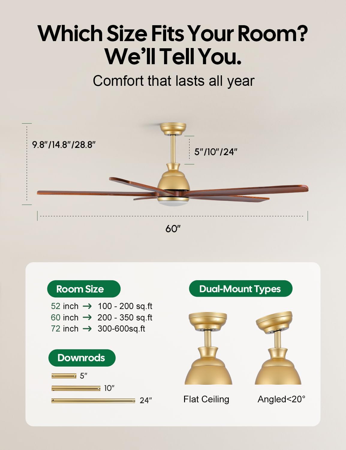 60 Inch Outdoor Ceiling Fan with Lights, Gold Brass Finish, 5 Solid Walnut Wood Blades, High CFM Quiet DC Motor, Modern Farmhouse Ceiling Fans, DampRated for Covered Patio Porch Gazebo Indoor Exterior