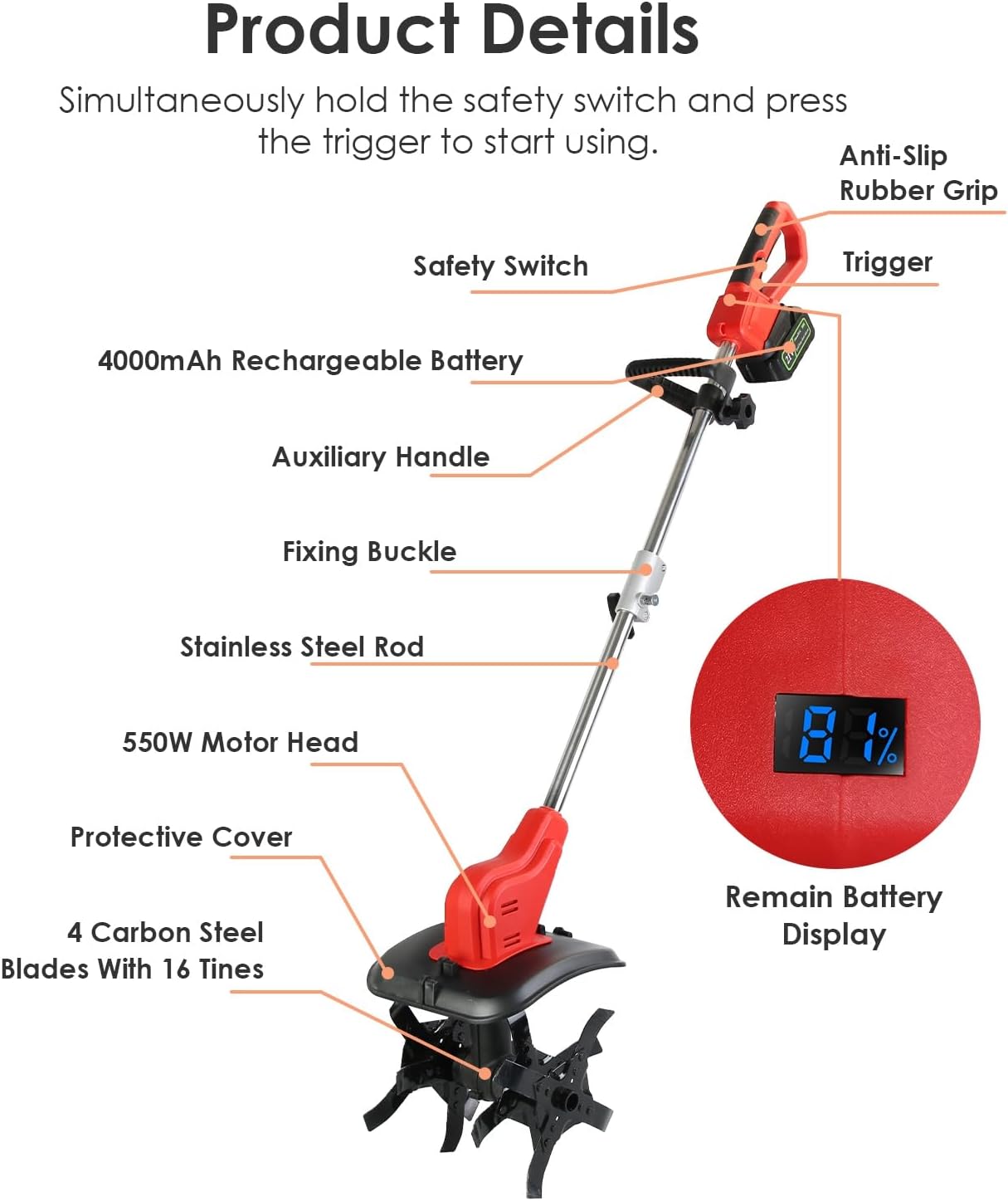 TeqHome 21V Cordless Tiller Cultivator, 300RPM Electric Garden Tiller with 16 Steel Tines, 4AH Battery & Charger, 9-in Tilling Width & 9-in Depth Garden Rototiller for Lawn/Gardening/Soil Cultivation
