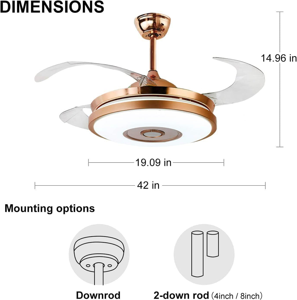 42' Modern Smart Bluetooth Ceiling Fans with Lights and Remote Control, Rose Gold Retractable Chandelier Fan Lighting with Speaker Play Music 7 Colorful Dimmable Fixture for Living Room