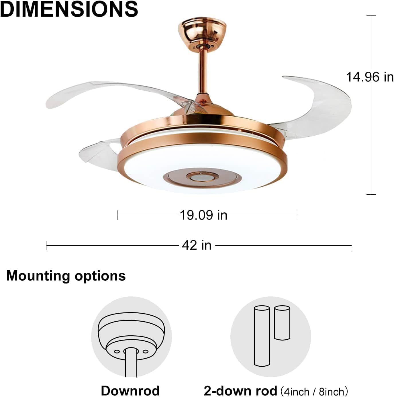 42' Modern Smart Bluetooth Ceiling Fans with Lights and Remote Control, Rose Gold Retractable Chandelier Fan Lighting with Speaker Play Music 7 Colorful Dimmable Fixture for Living Room