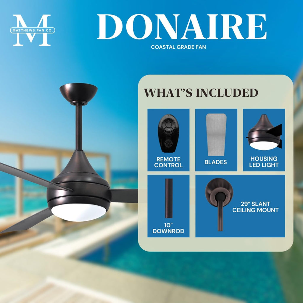 Matthews DA-BB-BS Donaire Outdoor Wet/Salt Water Rated 52' Marine-Grade Coastal Ceiling Fan with LED Light & Remote, Brushed Bronze with Brushed Stainless
