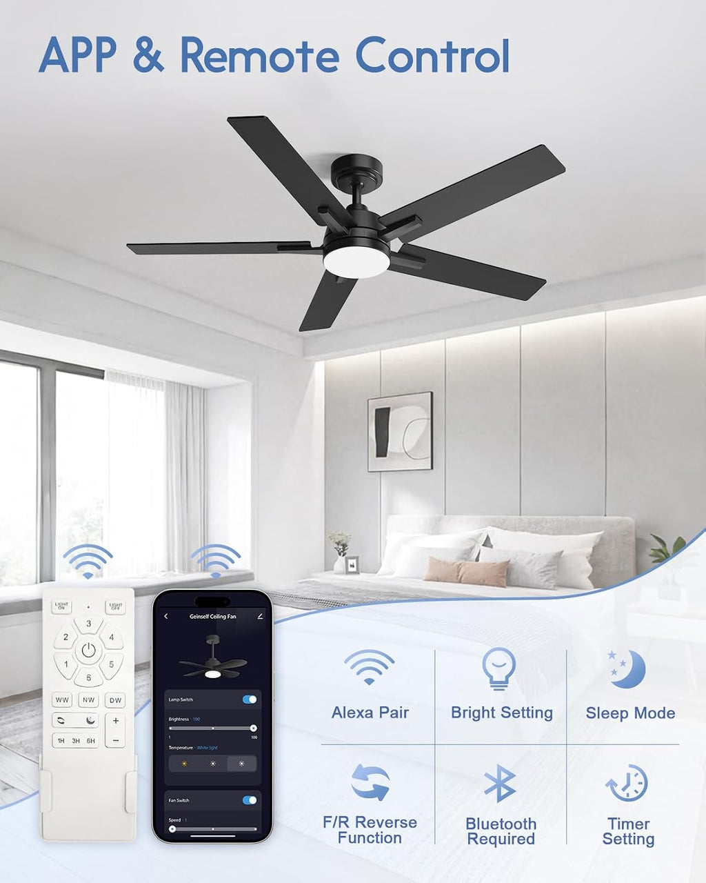 52 Inch Ceiling Fan with Light, Black Smart Ceiling Fan with 5 Two-Sided Blades, LED Fan with Remote and Compatible with Alexa, High CFM Ultra Quiet Large Fan for Bedroom, Living Room