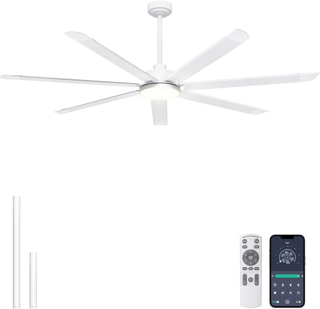 Ohniyou 72'' Large Ceiling Fan with Lights, High CFM Industrial Ceiling Fan with Remote/APP, 7 Aluminum Blades, Dimmable, for Outdoor Patio, Shop, Garage, White